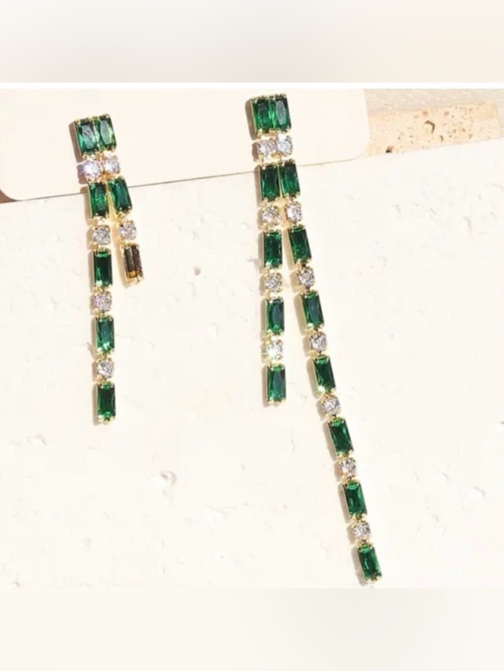 Emerald Classic Tassel 18K Gold Plated Asymmetry Earrings Sparkling CZ N…